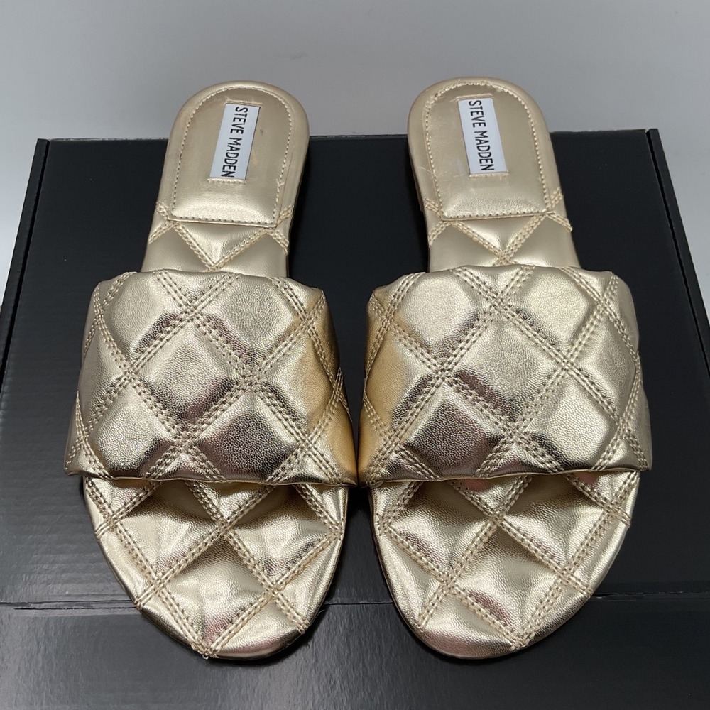 Steve Madden Perrie-H Metallic Gold Quilted Slide Sandals Womens 10M Flat Shoes
